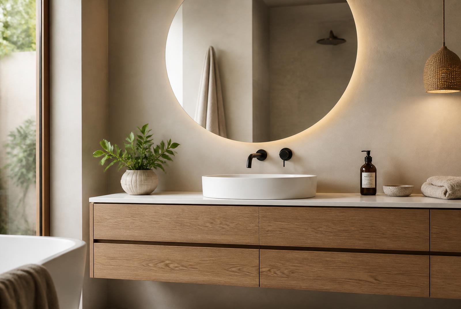 Premium bathroom vanity with oak drawers, stone worktop, round backlit mirror and matt black tap in an Oxfordshire bathroom renovation