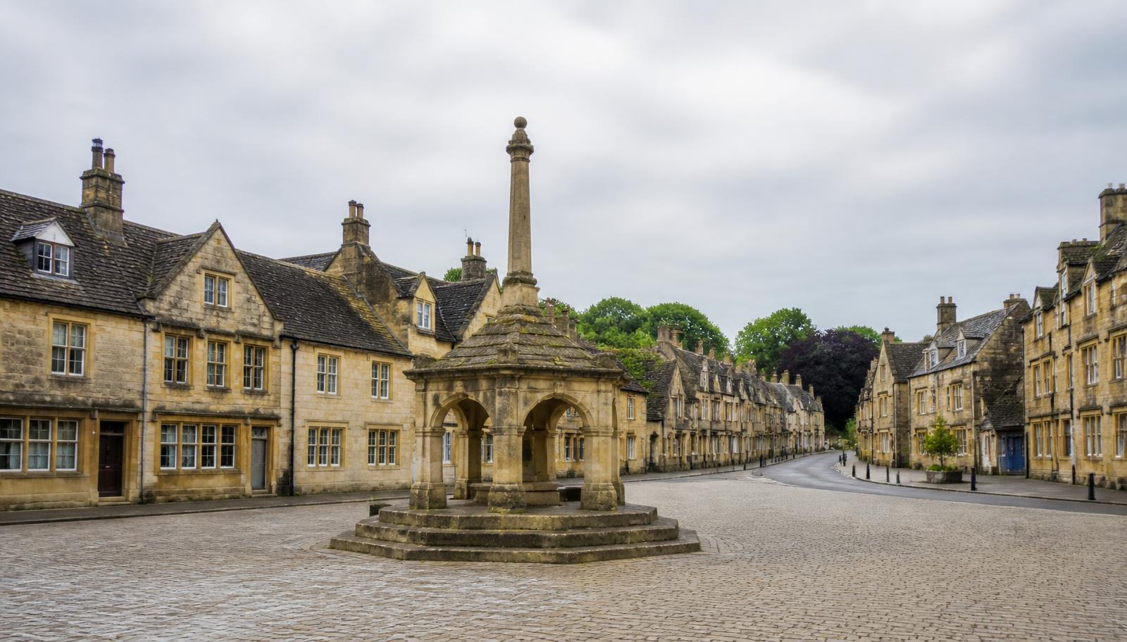 Cotswold stone buttercross and market square in Witney, Oxfordshire